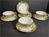 4 Delicate Art Deco Hand Painted Cups & Saucers