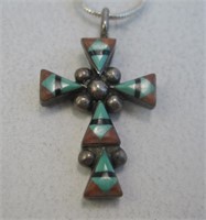Zuni Multi Stine Inlay Cross Necklace - Tested