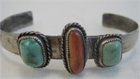 Navajo SS Turquoise & Coral Bracelet - Tested