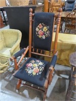 ANT. NEEDLEPOINT SEAT & BACK ARMED VICTORIAN ROCKE