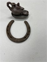 Miscellaneous horseshoe and glass pitcher