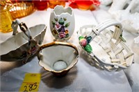 (2) White Glass Baskets with Floral Design, (1)