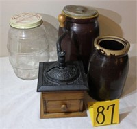 2 vintage crocks; candy jar; coffee grinder
