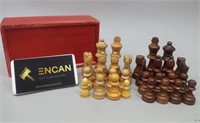 Vtg French Wooden Chess Pieces & Dovetail Wood Box