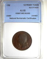 1792 1/2 Penny Token NNC AU55 Robert Bird Wilkins