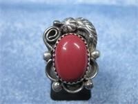 Sterling Silver & Block Coral SW Ring - Hallmarked