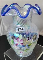 French Opalescent Vase w/ Blue Crest HP