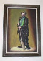 Large Signed Oil Painting of Clown Sweeping