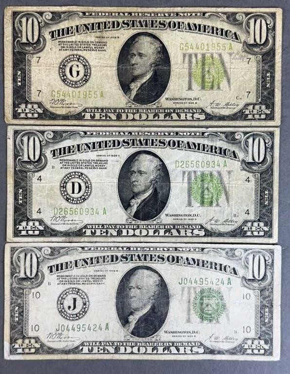 3pc 1928B $10.00 Federal Reserve Notes