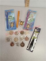 Misc Medals, coins,fishing rod pen, frog spear