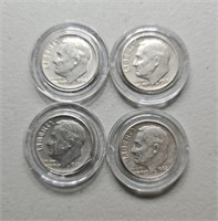 4 Roosevelt silver Dimes: 1947, 1962D, 1963D,