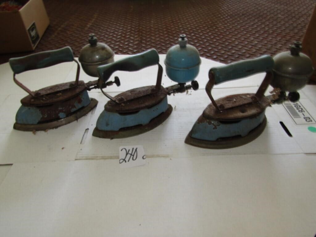 3 VINTAGE BLUE GAS IRONS