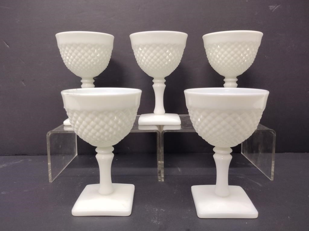 English Hobnail Milk Glass Goblets