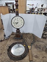Brass port mirror ,and fishing net and clock