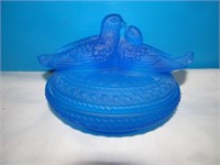 Frosted Blue Glass Bird On Nest Covered Candy Dish