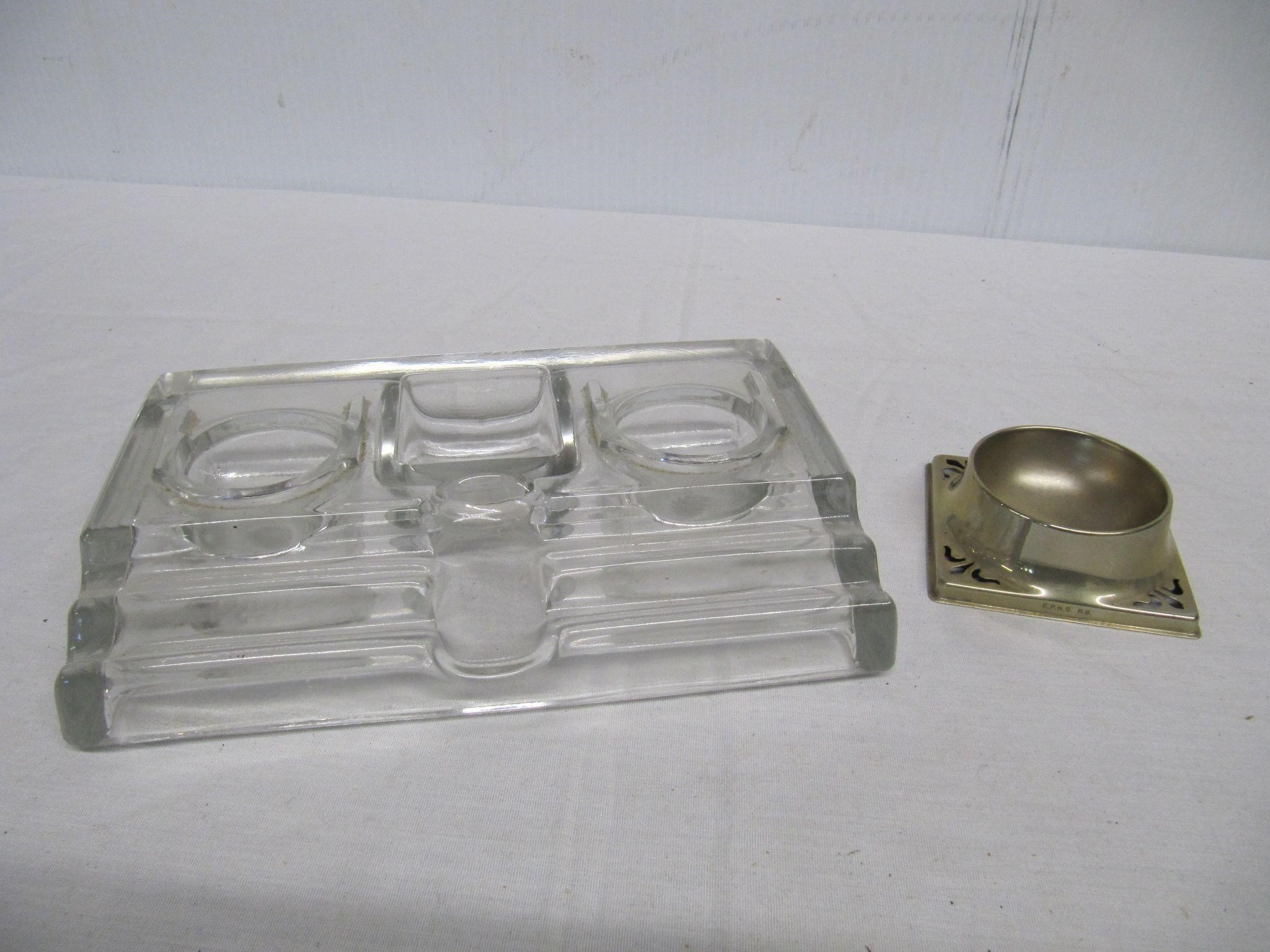 PRESSED GLASS DOUBLE INKWELL & EPNS SALTER