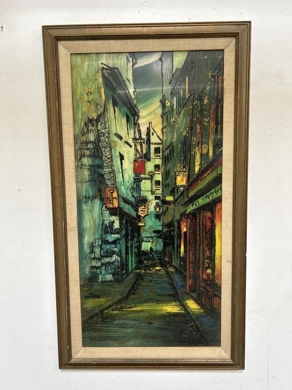 Mid century reverse glass painting framed art,