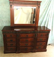 ORNATE WOOD MAHOGANY TONE  DRESSER & BEVEL MIRROR