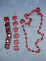 Gold Tone Red Glass Bracelets & Beaded Necklace