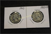 1943 1953 D SILVER WASHINGTON QUARTERS