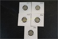 5 SILVER MERCURY DIMES