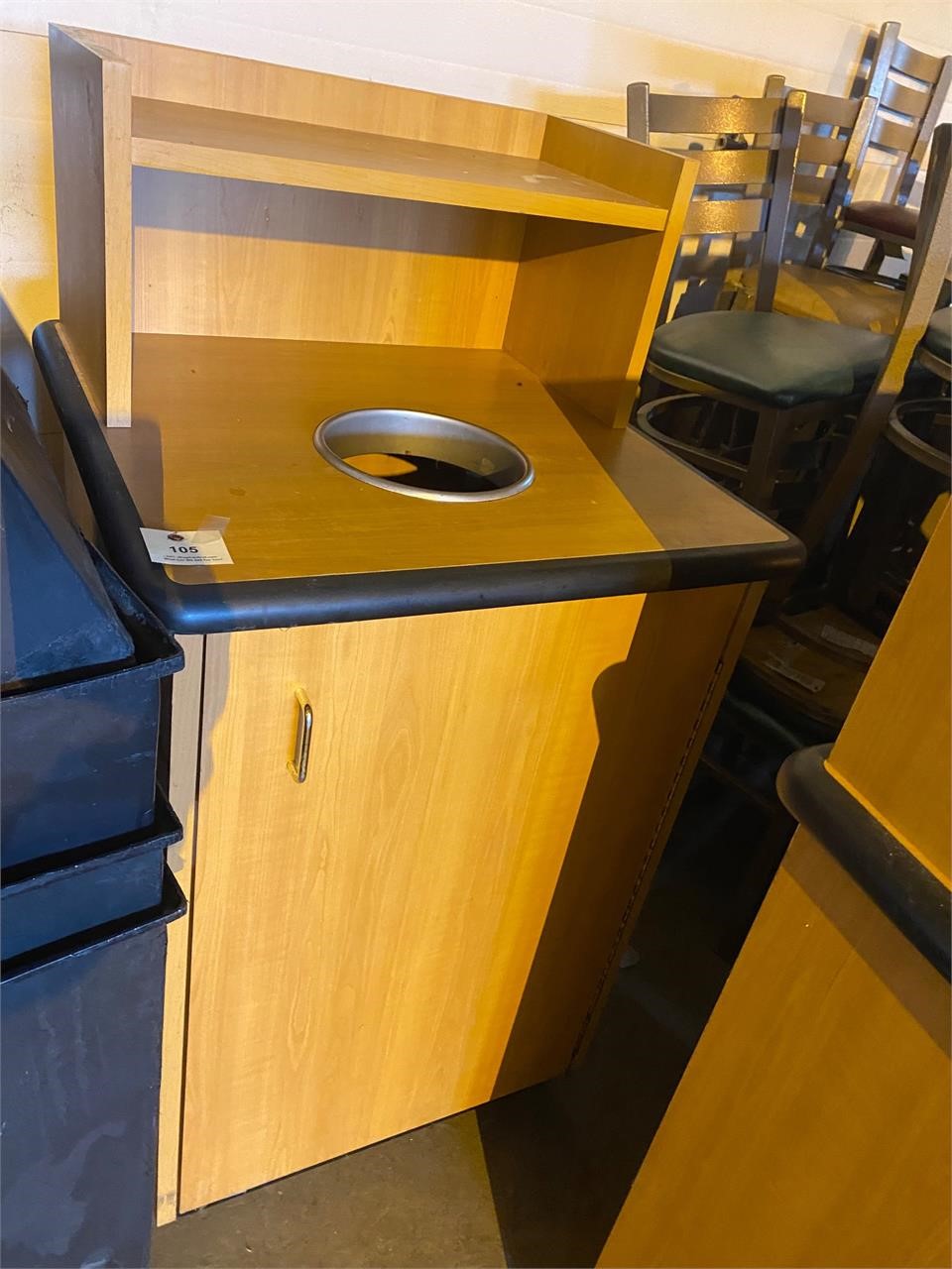 Pecan trash can with bin wood cabinet