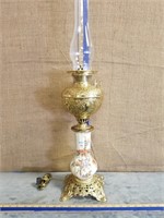 BRASS LAMP W/ HAND PAINTED FLORAL INSERT-ELECTRIFD