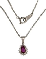 Platinum Pear Cut Natural Ruby & Diamond Necklace