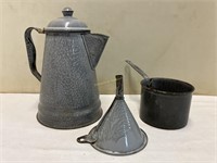 Primitive Gray Granite Coffee Pot, Funnel &
