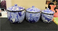 Trio of blue swirl canisters