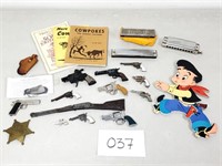 Vintage Miniature Toy Guns, Harmonicas, Badge, Etc