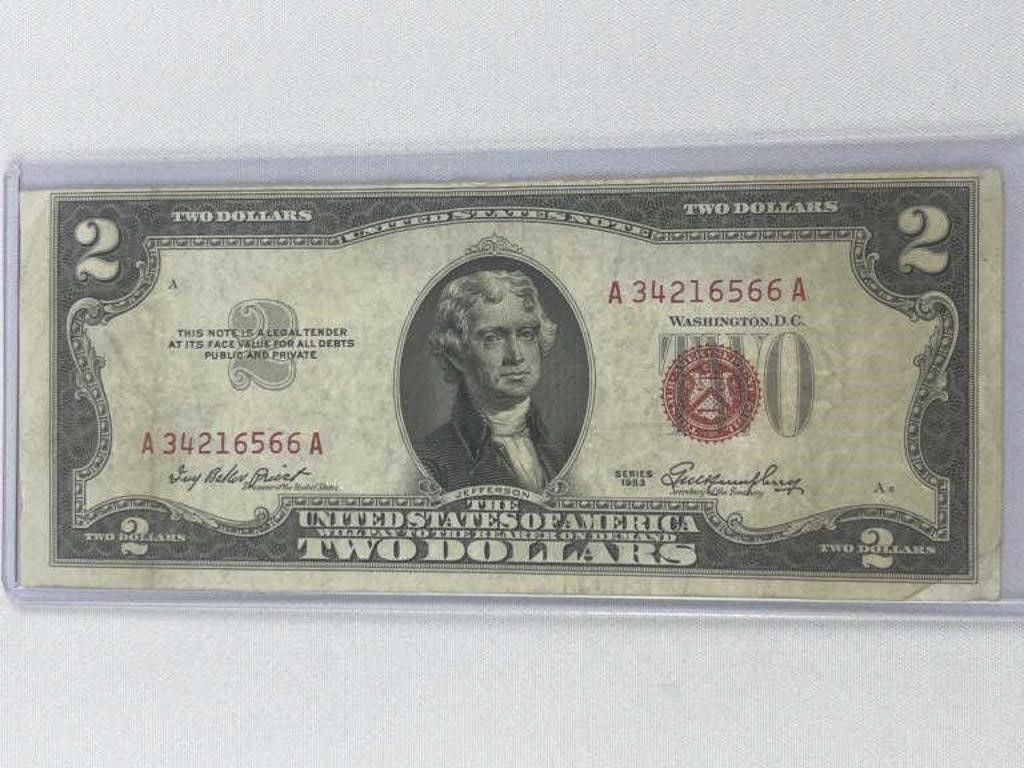 1953 $2 Error, Off Center Red Seal Note