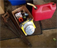 Gas can, tape measure, saws, spade