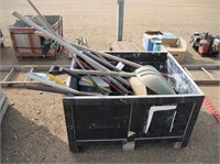 Pallet Box of Shovels, Hoes, Pick Axe, Bolts, Misc
