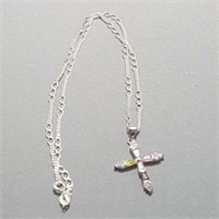Sterling Silver CZ Gemstone Cross Pendant Necklace