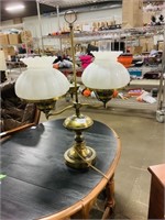 brass & milk glass Double arm hurricane lamp