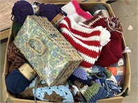 Yarn, Hats, Blanket, Box of Embroidery Floss, and