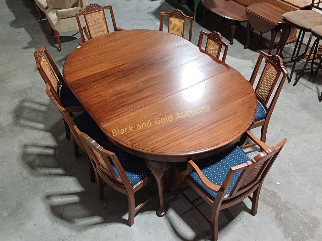 Dark Wood Dining Table w/ 8 Cane Back Chairs