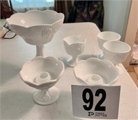 Milk Glass Compote, Candleholders, Creamer &