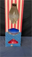 18” red white and blue oil lamp in box