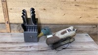 Knife set (missing knives) and duck decoy