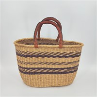 Leather Handle Weaved Basket Tote
