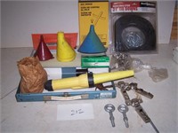 funnels, tie downs, eye hooks, screws and trowel