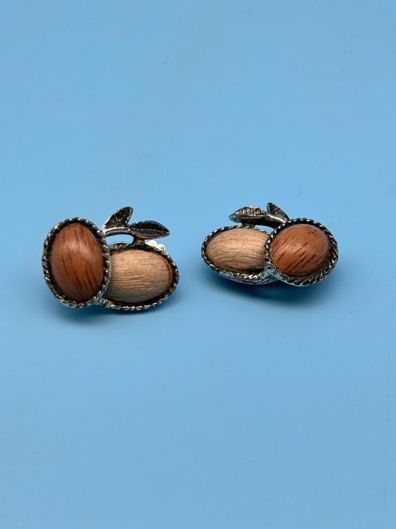 Vintage Wood And Metal Clip On Earrings