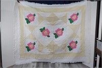 Vtg Quilt with Pink Flower & Green Leaves Pattern