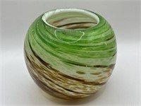 Blown Green & Brown Art Glass Round Vase 5”