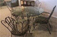 WROUGHT IRON BEVELLED GLASS TOP TABLE & 4 CHAIRS