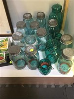 16 Blue/ green canning jars, Ball, Atlas, various