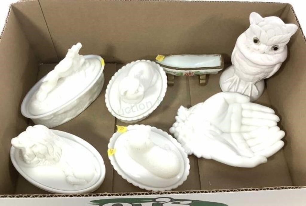 Vintage Milk Glass Servingware, Animals On Baskets