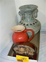 RED LeCREUSET PITCHER, CORK CARVING, TALL POTTERY